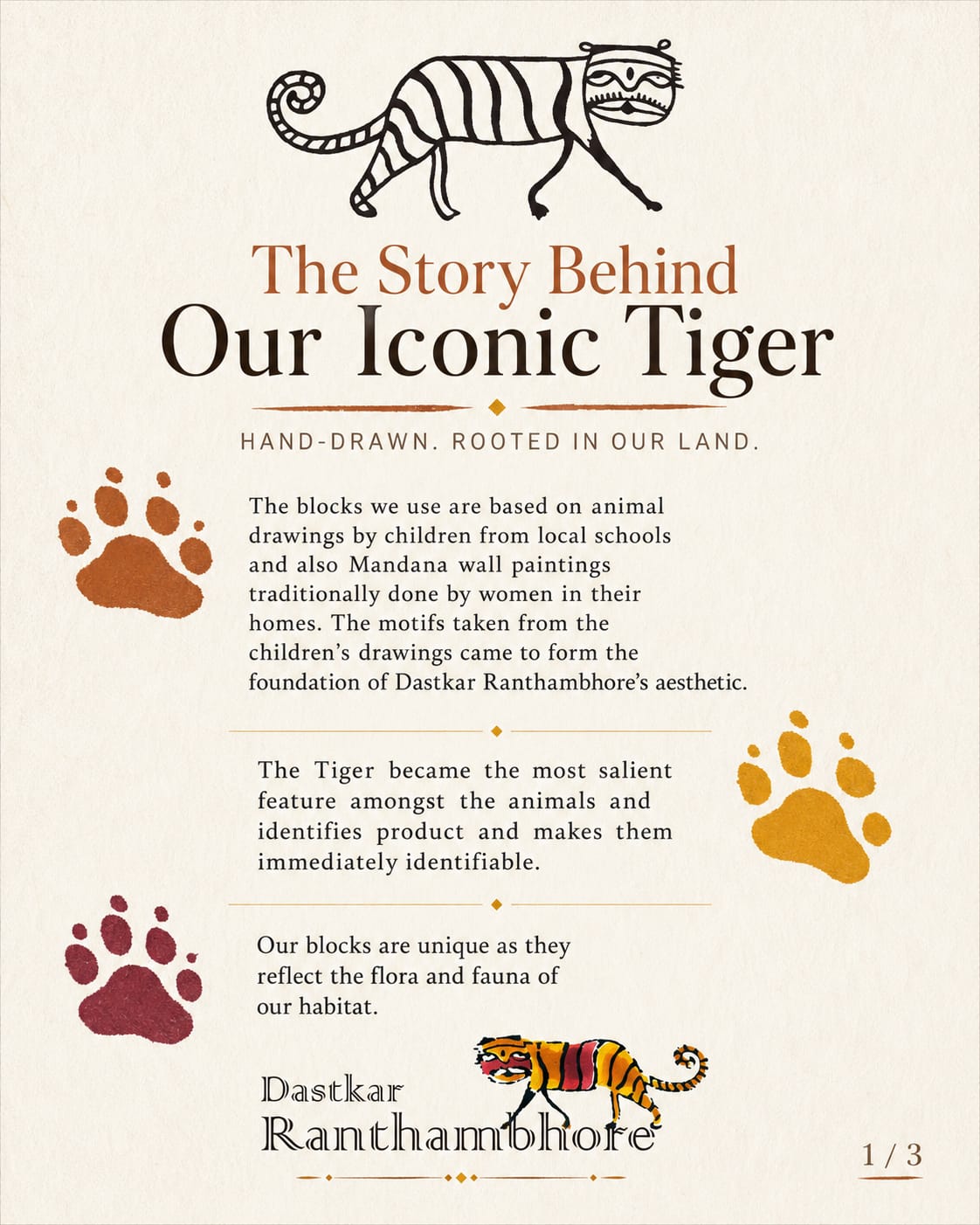 The Story Behind Our Iconic Tiger — hand-drawn blocks rooted in local children's drawings and Mandana wall paintings.