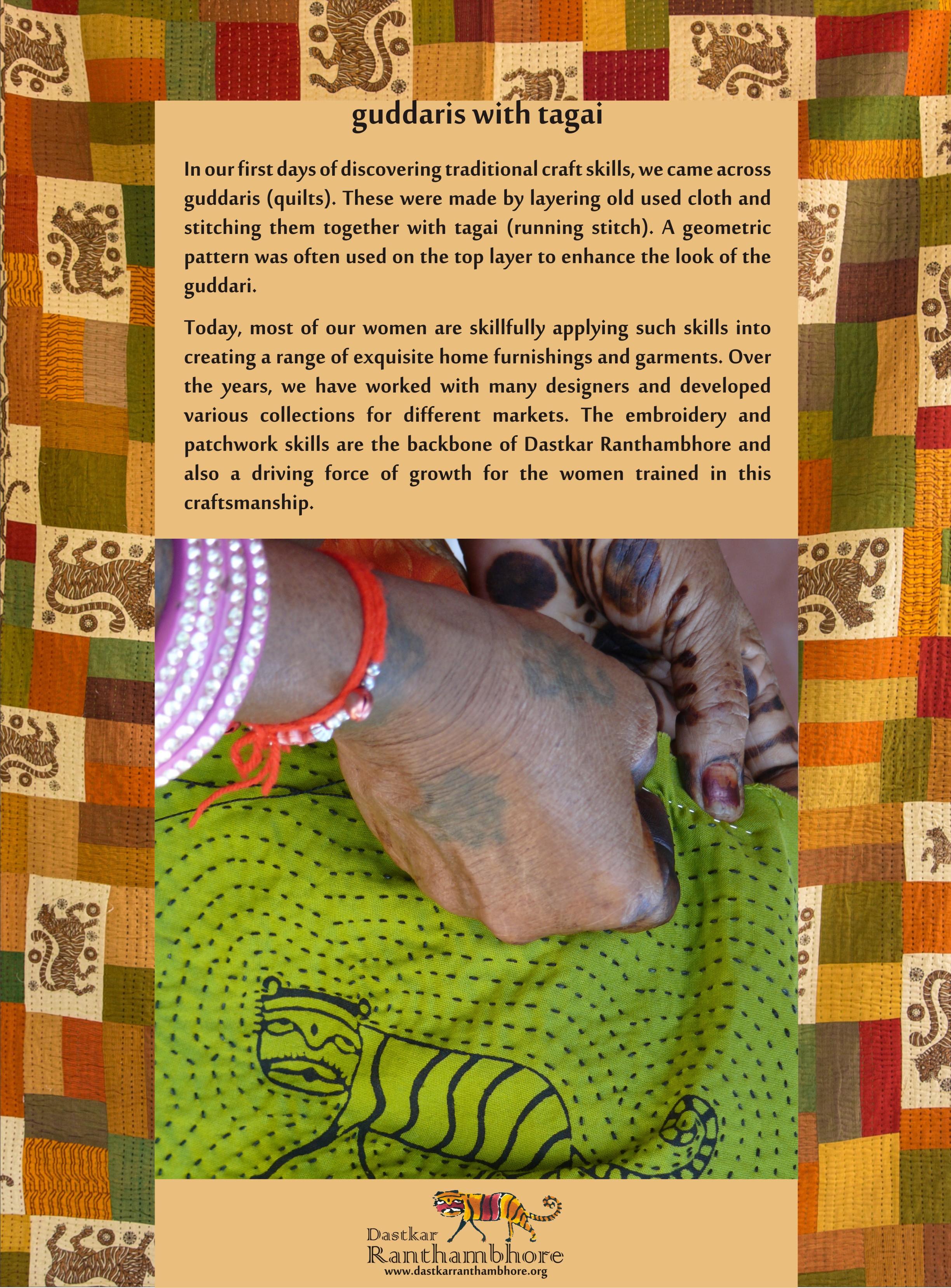 Guddaris with tagai — layered quilts stitched with running stitch, the backbone of Dastkar Ranthambhore's embroidery and patchwork.
