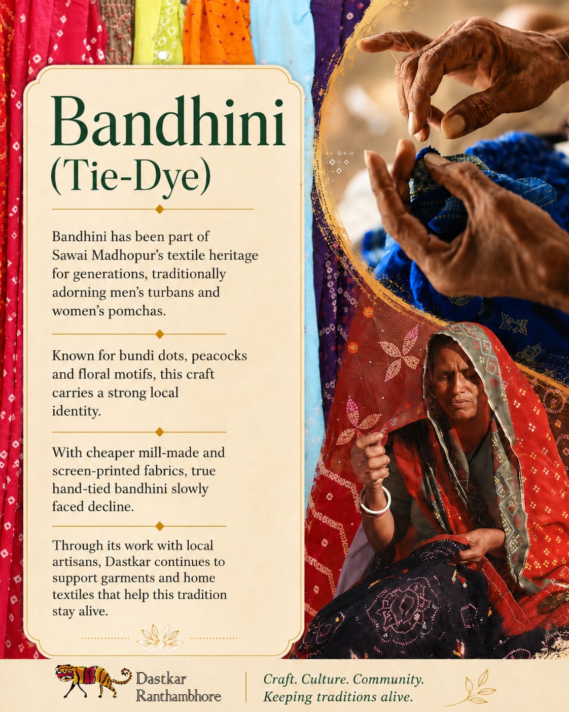 Bandhini (Tie-Dye) — Sawai Madhopur's textile heritage of bundi dots, peacocks and floral motifs.