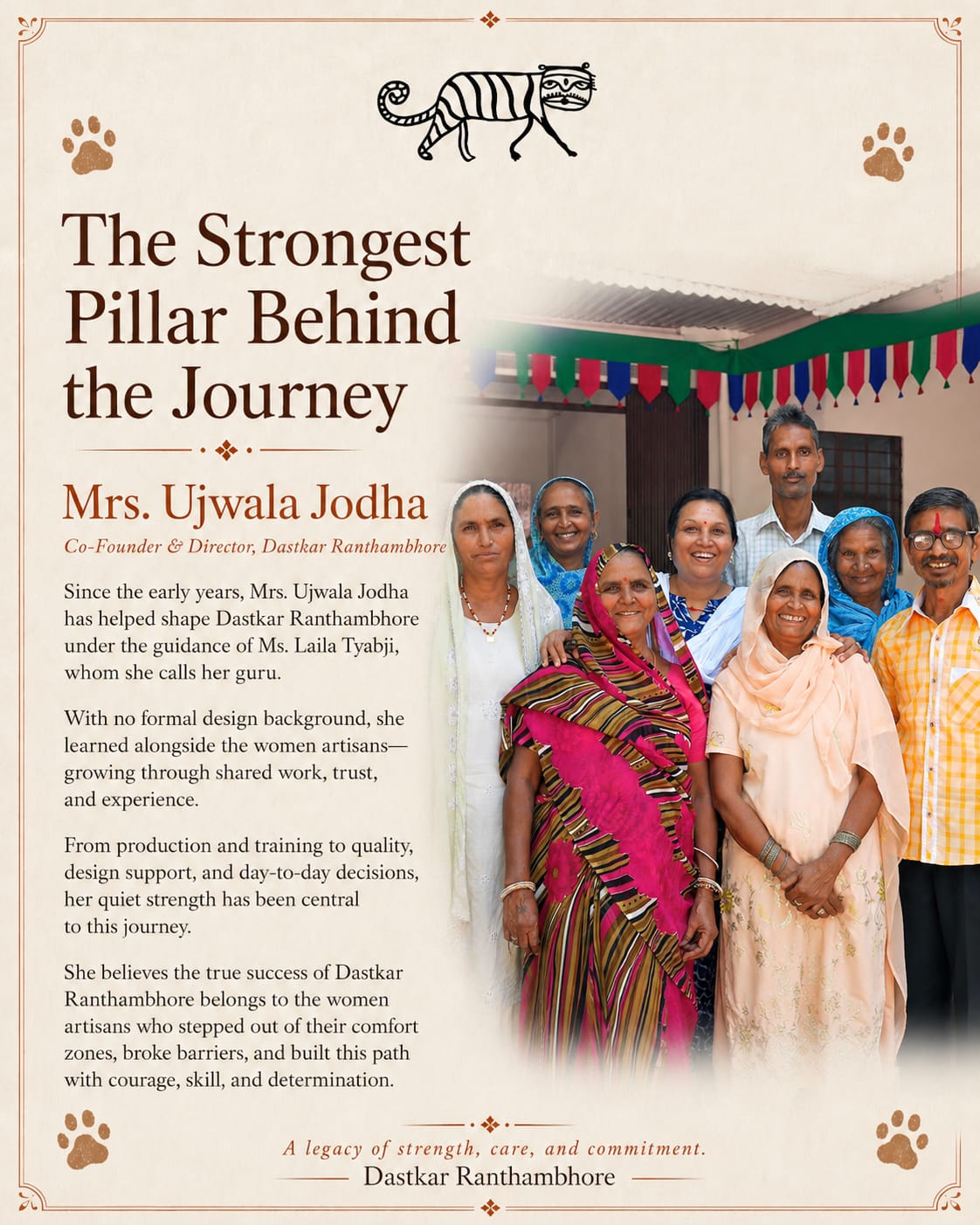 Mrs. Ujwala Jodha — Co-Founder and Director, Dastkar Ranthambhore. The strongest pillar behind the journey.