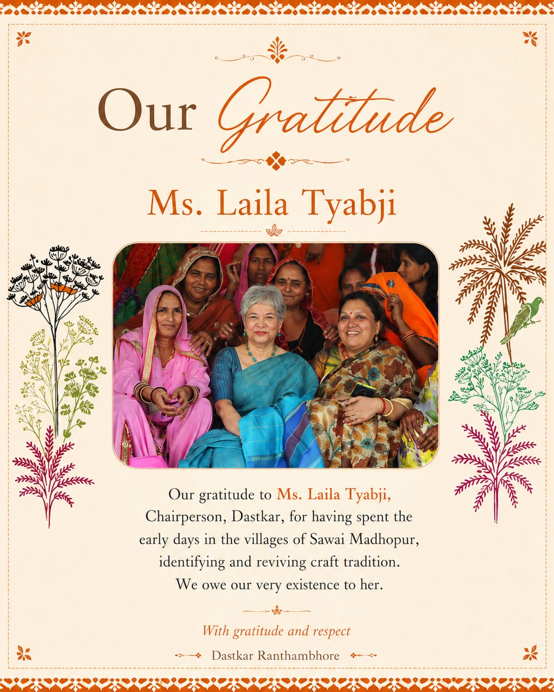 Our gratitude to Ms. Laila Tyabji, Chairperson, Dastkar, for identifying and reviving craft traditions in the villages of Sawai Madhopur.
