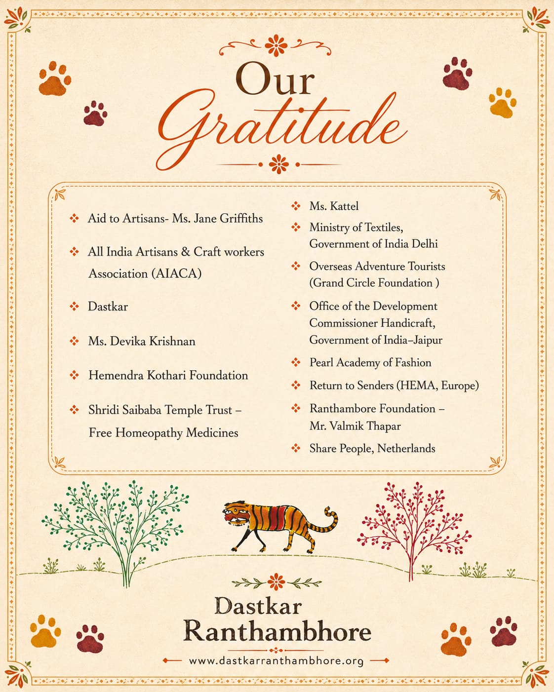 Our gratitude to partners and supporters including Dastkar, Ministry of Textiles, Hemendra Kothari Foundation, Pearl Academy of Fashion, and many others.