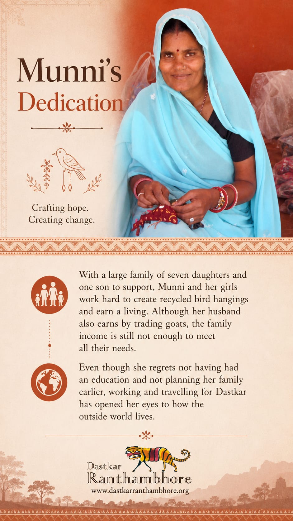 Munni's Dedication — crafting hope and creating change through recycled bird hangings at Dastkar Ranthambhore.