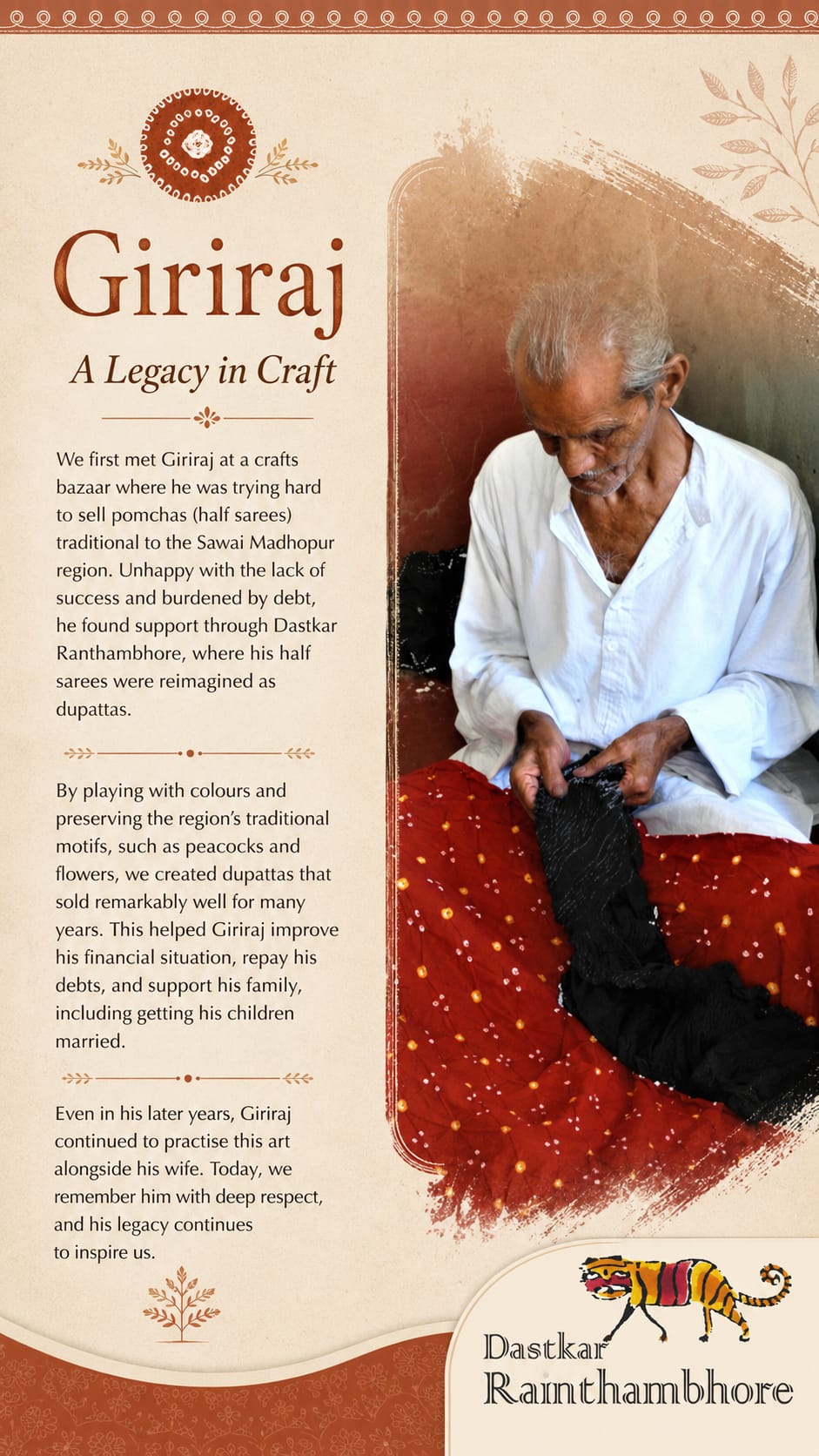 Giriraj — A Legacy in Craft. Traditional half sarees reimagined as dupattas through Dastkar Ranthambhore.